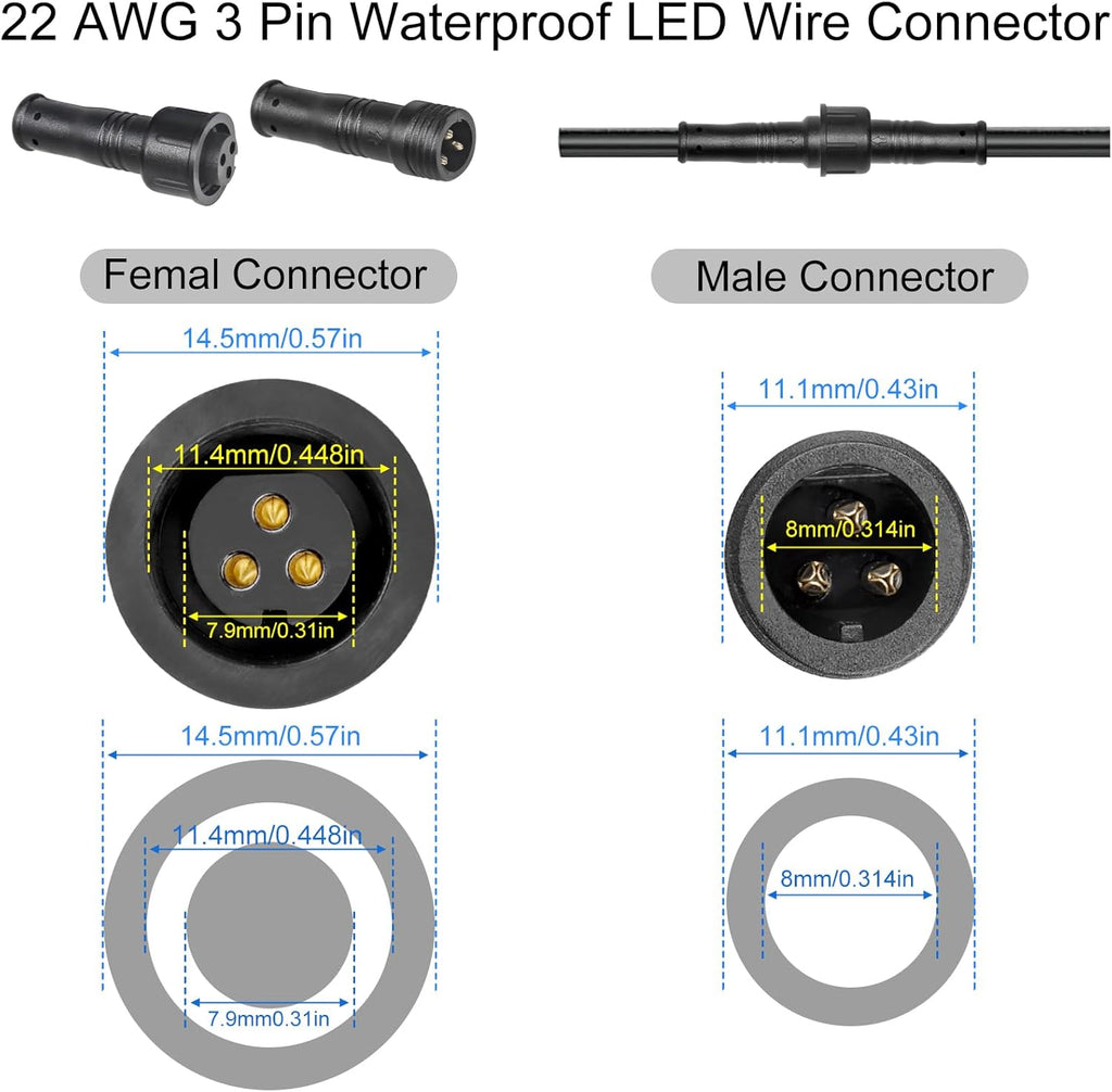 MAD OWL 3-Pin Waterproof LED Wire Connector Kit, 22 AWG 11inch/28cm Male Female Connectors with Tin Plated Joint for Various Waterproof Wires DIY (4 Set Black)