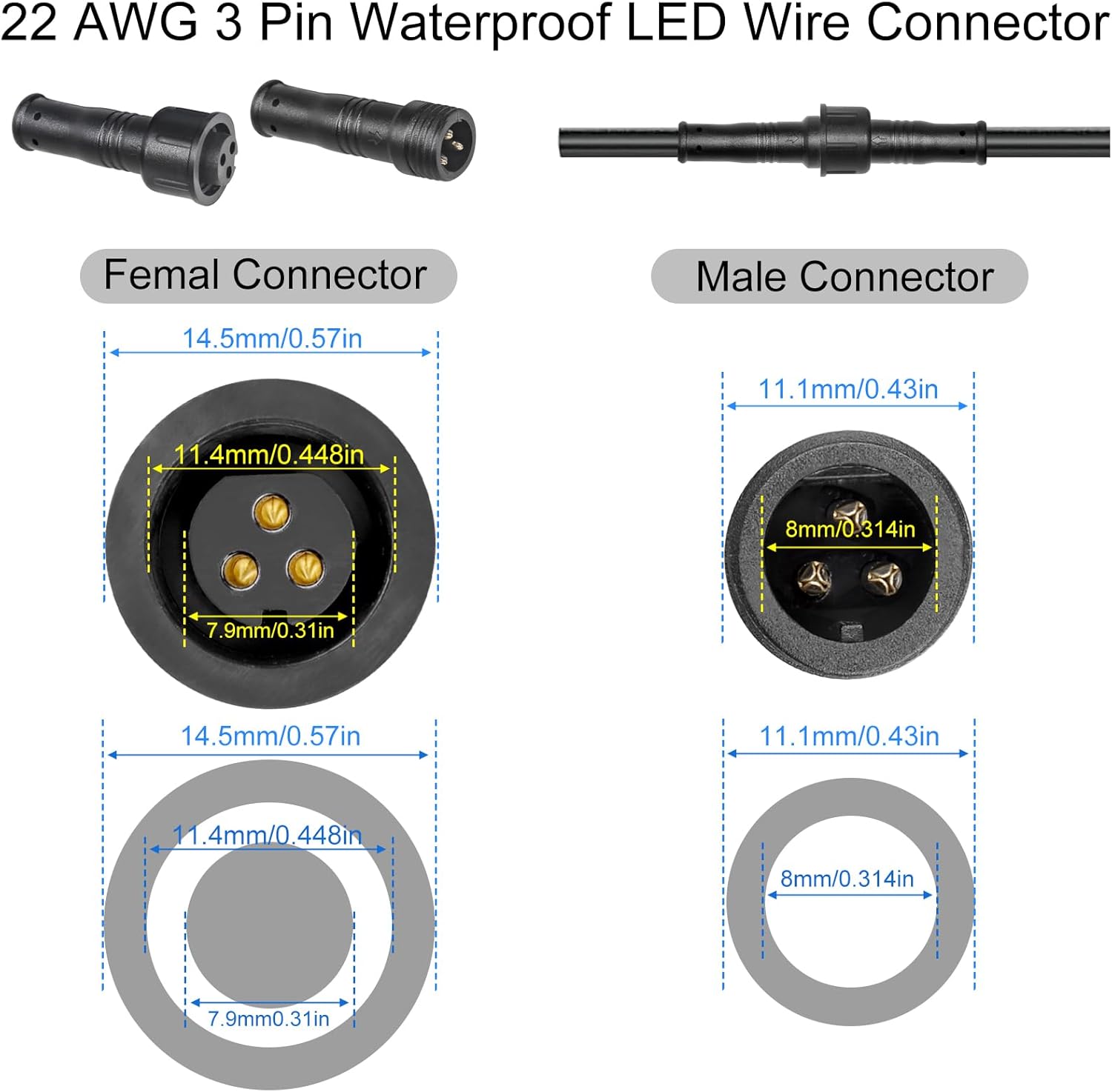MAD OWL 3-Pin Waterproof LED Wire Connector Kit, 22 AWG 11inch/28cm Male Female Connectors with Tin Plated Joint for Various Waterproof Wires DIY (4 Set Black)
