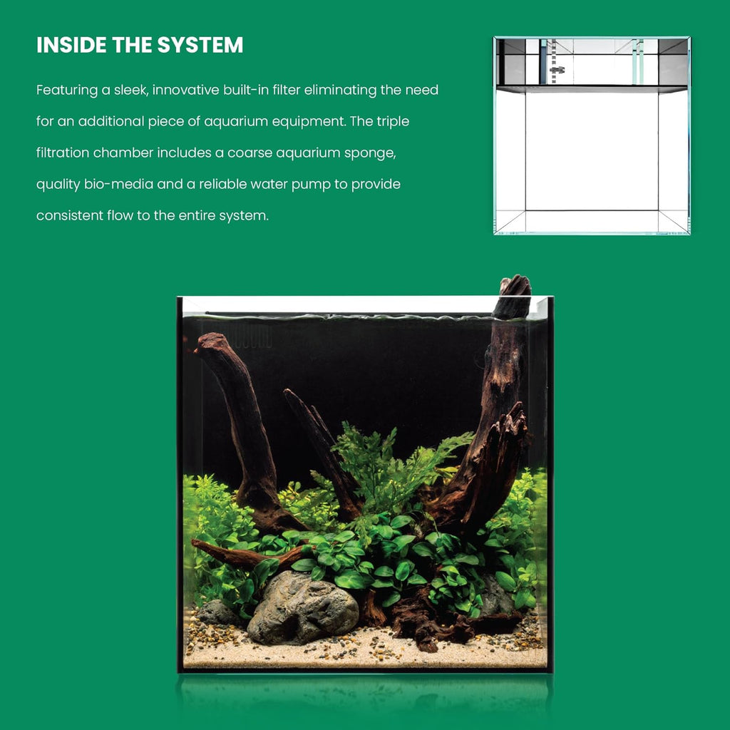 Ultum Nature Systems Dual AIO - Freshwater/Saltwater Compatible All in One Rimless Tank with Triple Chamber Filtration System, Integrated Filter Aquarium w/Leveling Mat - 11 Gallon, 35A, Black