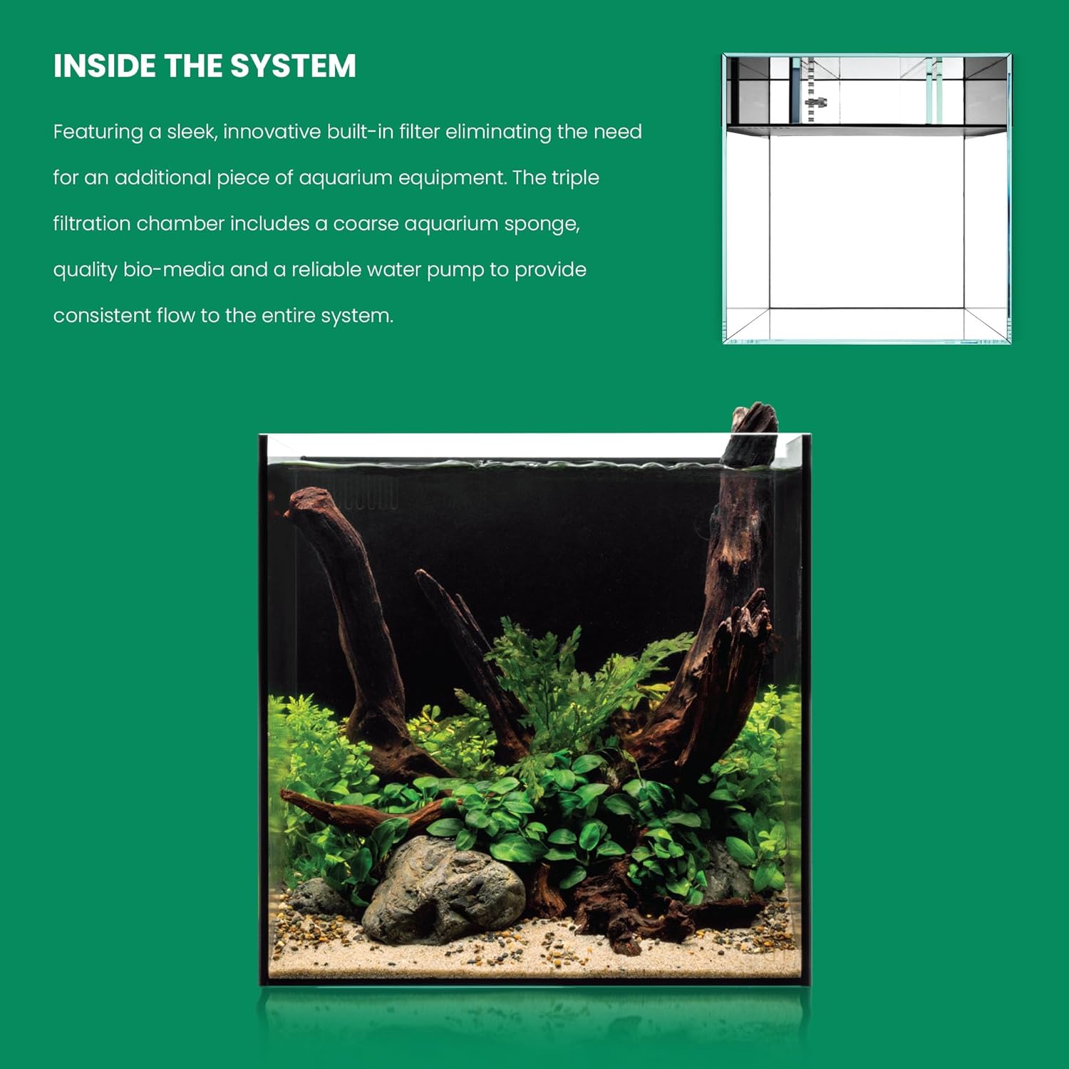 Ultum Nature Systems Dual AIO - Freshwater/Saltwater Compatible All in One Rimless Tank with Triple Chamber Filtration System, Integrated Filter Aquarium w/Leveling Mat - 11 Gallon, 35A, Black