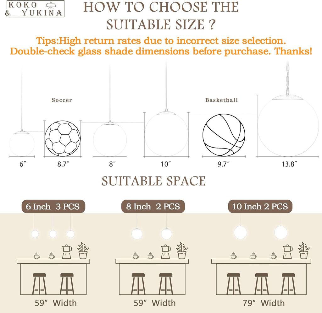 KoKo&Yukina 6-inch mini Modern Globe Pendant Light Clear Glass with Brass Finish Contemporary Mid Century Adjustable Hanging Light Fixture for Living Room Bedroom Kitchen Island (Bulb Incl.)