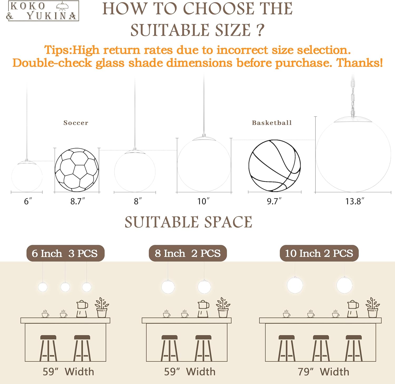KoKo&Yukina 8 Inch Gold Modern Globe Pendant Light White Glass with Brass Finish Contemporary Mid Century Adjustable Hanging Light Fixture for Living Room Bedroom Bathroom Kitchen (Bulb Incl.)