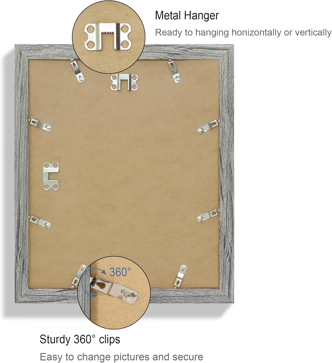 10x12 Picture Frame Set of 4, Made of Real Glass and Grey Frame - Display Picture 8x10 with Mat or 10x12 Without Mat, 10 by 12 Photo for Wall Mounting