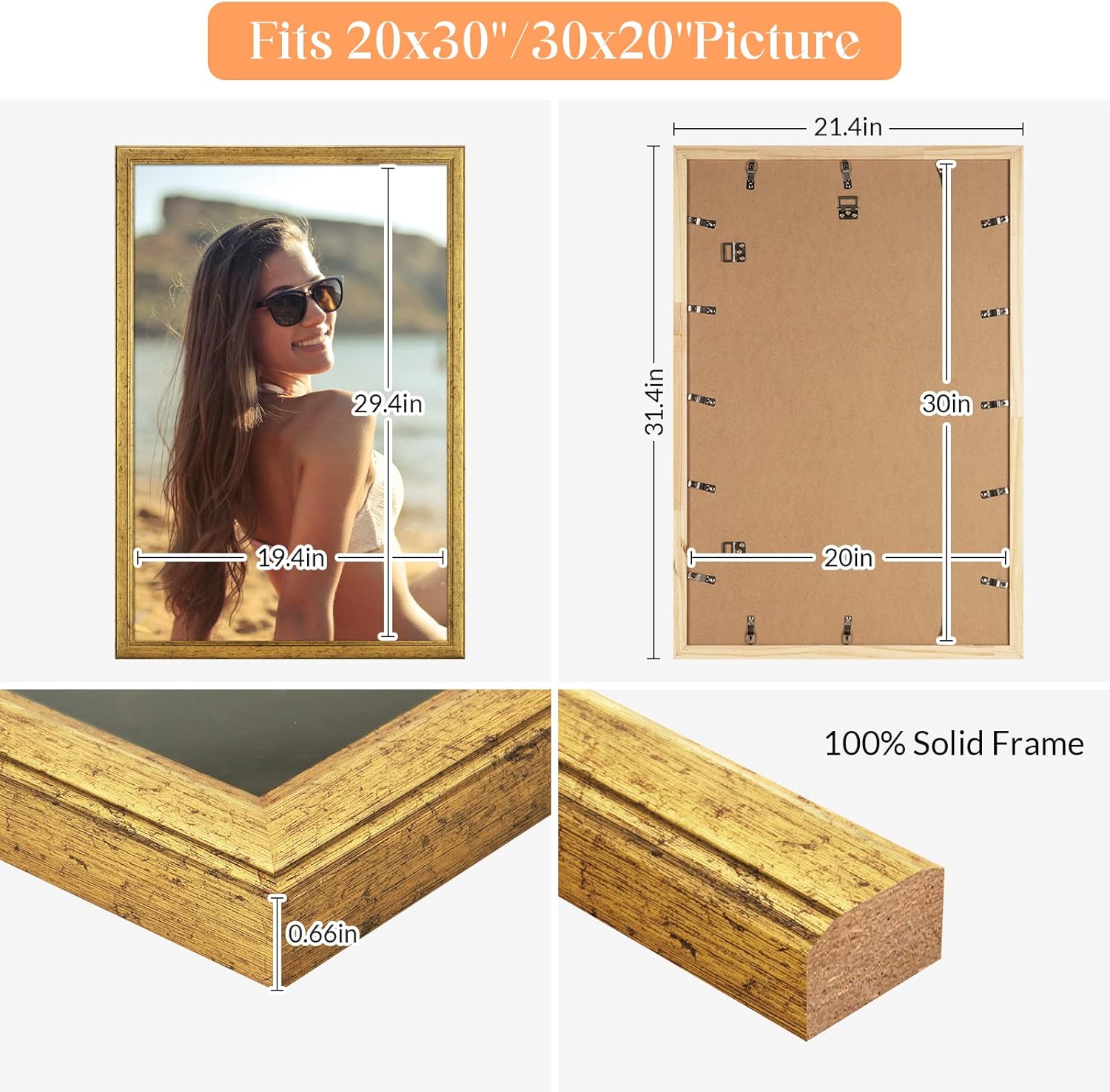 20x30 Solid Wood Frame Gold, Ornate Natural 30x20in Picture Poster Frame, Modern Golden 20 x 30inch Gallery Wall Pic Photo Frame with HD Plexiglass, Horizontal Vertical Wall Mounting Display 1pcs