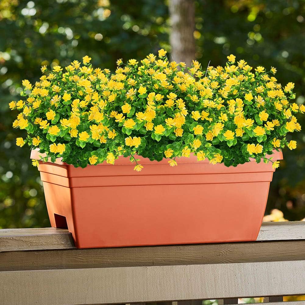 24 Bundles Outdoor Artificial Flowers UV Resistant Fake Boxwood Plants, Faux Greenery for Indoor Outside Hanging Plants Garden Porch Window Box Home Wedding Farmhouse Décor (Yellow)