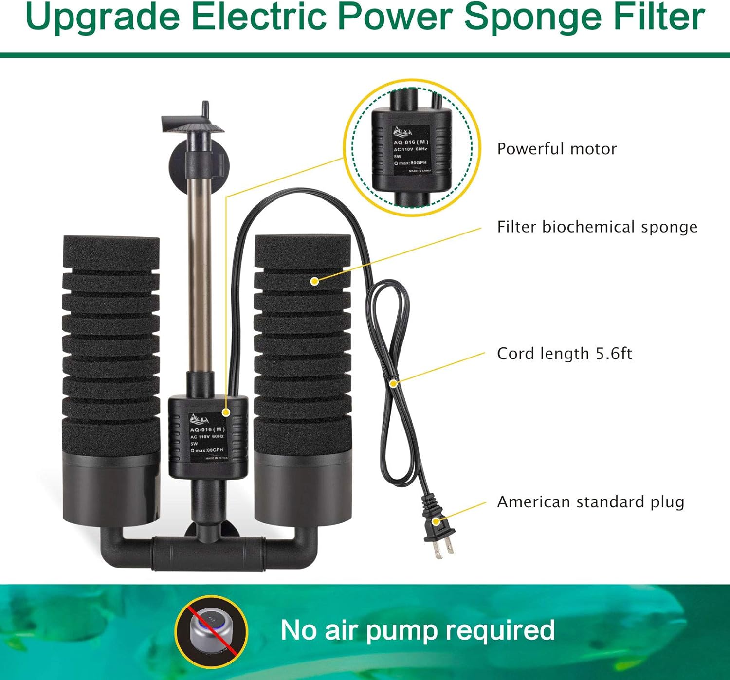 AQQA Aquarium Electric Power Sponge Filter,3W/5W Silence Submersible Foam Filter,Sponges Bio Ceramic Media Balls Double Filter for Saltwater Freshwater Fish Tank (M)