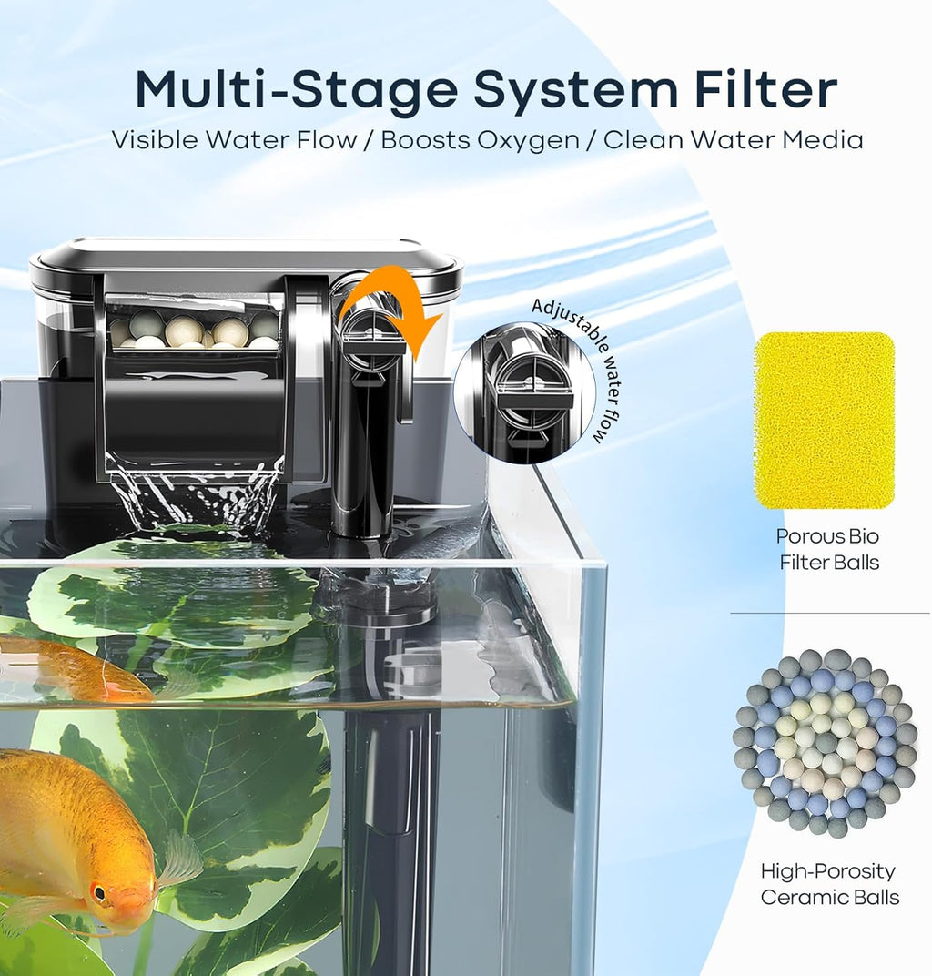 3 Gallon Small Fish Tank Glass Aquarium Set, Starter Kit with Heater Water Pump Cleaning Filter Bright Light Rocks Gravel Cleaning Tool, Leak-Proof Clear Rimless Desktop Spaces Saving Betta Fish