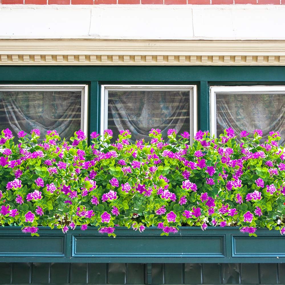 10 Bundles Artificial Fake Flowers, Faux Outdoor Plastic Plants UV Resistant Shrubs Outside Indoor Decorations (Purple-Eucalyptus)