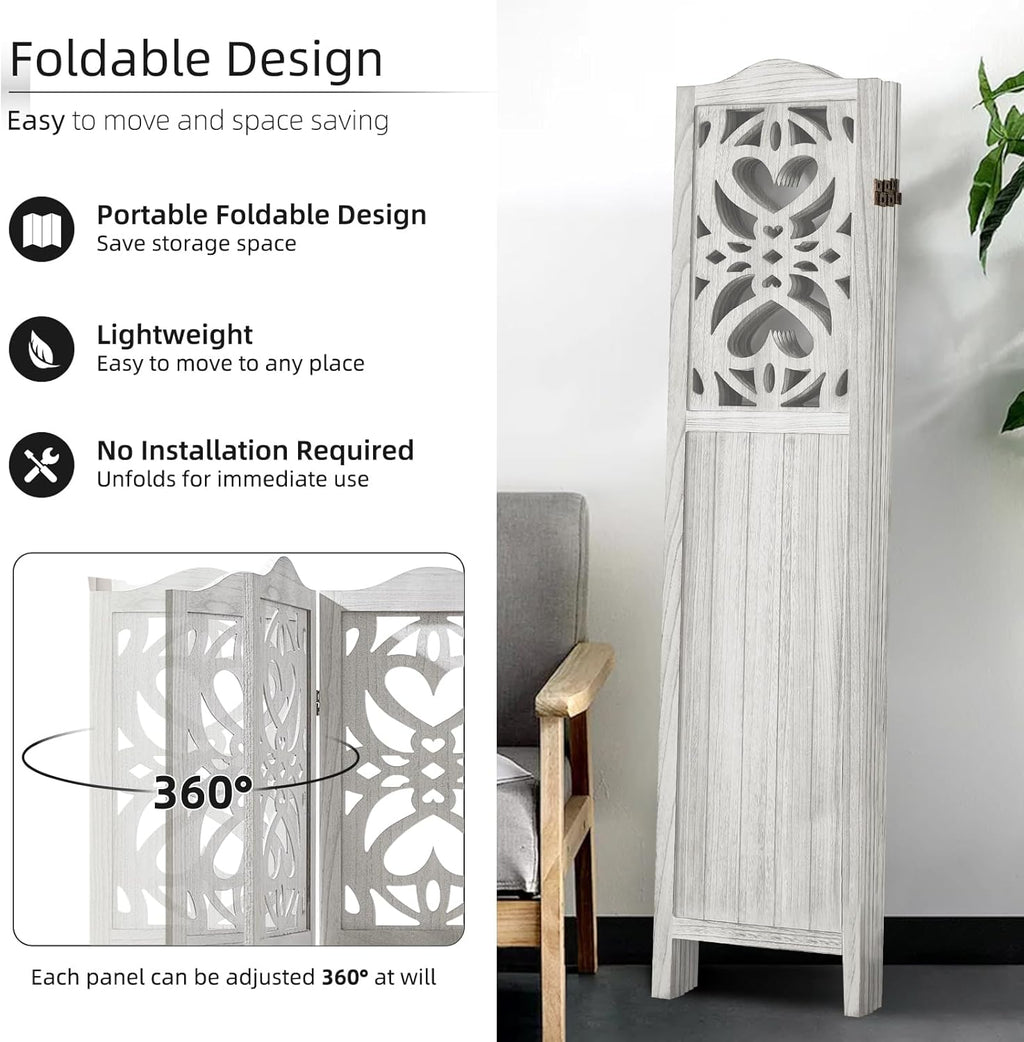 6 Panel Room Divider Wall, 5.6Ft Tall Room Divider Panel and Folding Privacy Screen, Portable Carved Partition Screen, Wall Divider for Room Separation Bedroom Home Office - Light Gray