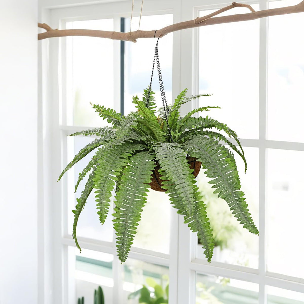 Fake Hanging Plants Large Boston Fern Artificial Plants Outdoor Realistic Fake Ferns with Palm Basket Silk Plants Ferns Hanging Plant Artificial Decor for Home Front Porch Window Garden - Dusty Green