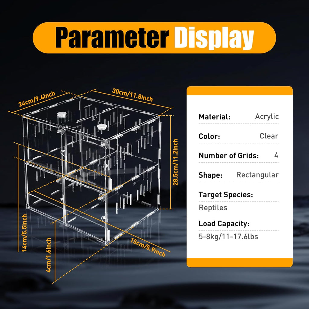 Acrylic Reptile Terrarium, 4 Grid Clear Tank with Ventilation Holes,4 Grids Cage Enclosure Box Enclosure Reptile Pet Display Containers Front Opening Design for Snakes, Spiders, Beetles