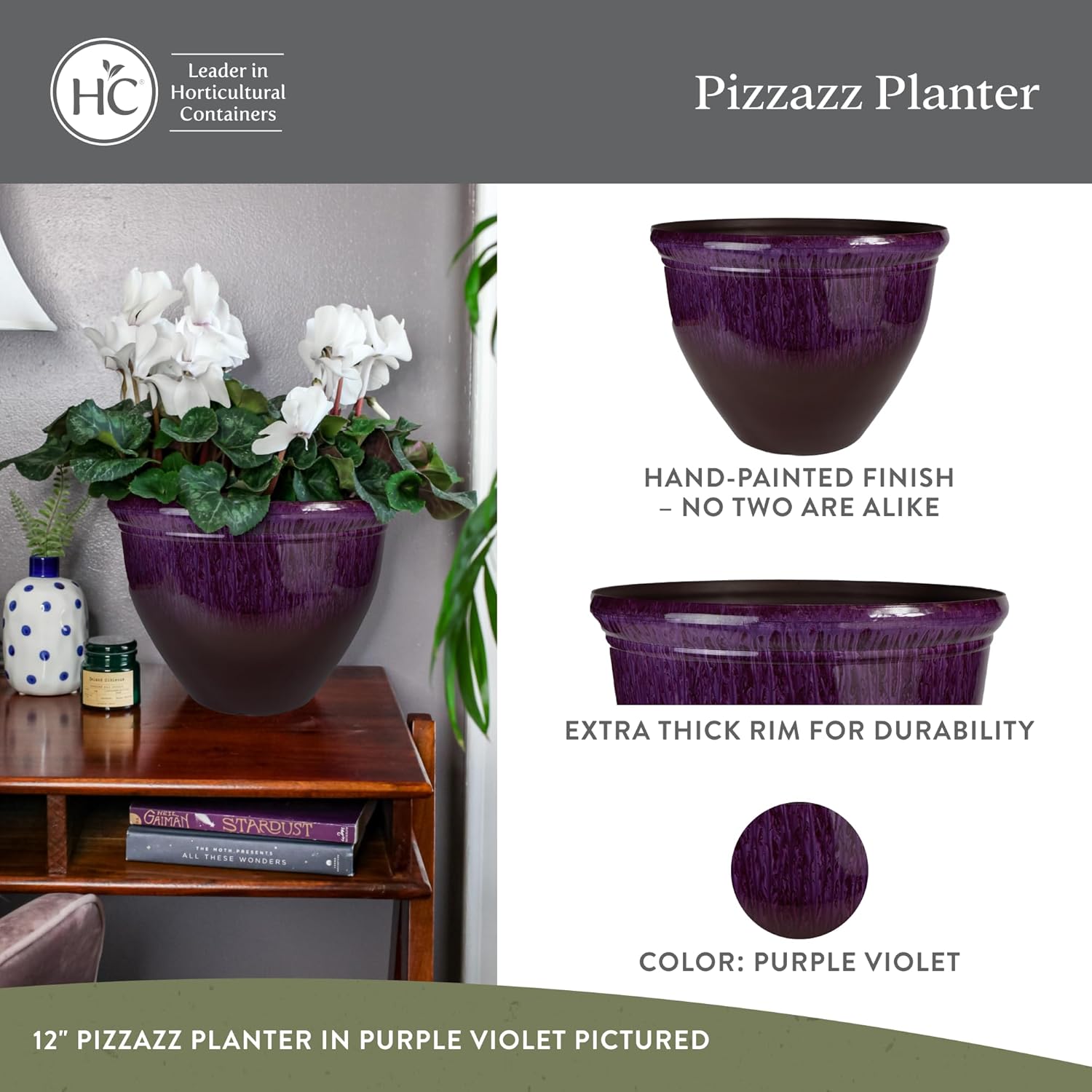 The HC Companies 16 Inch Pizzazz Round Planter Pots with Ceramic Look, Lightweight UV-Resistant Plastic Outdoor Planters, 2-Pack Flower Pots for Garden & Home Decor, Purple Violet