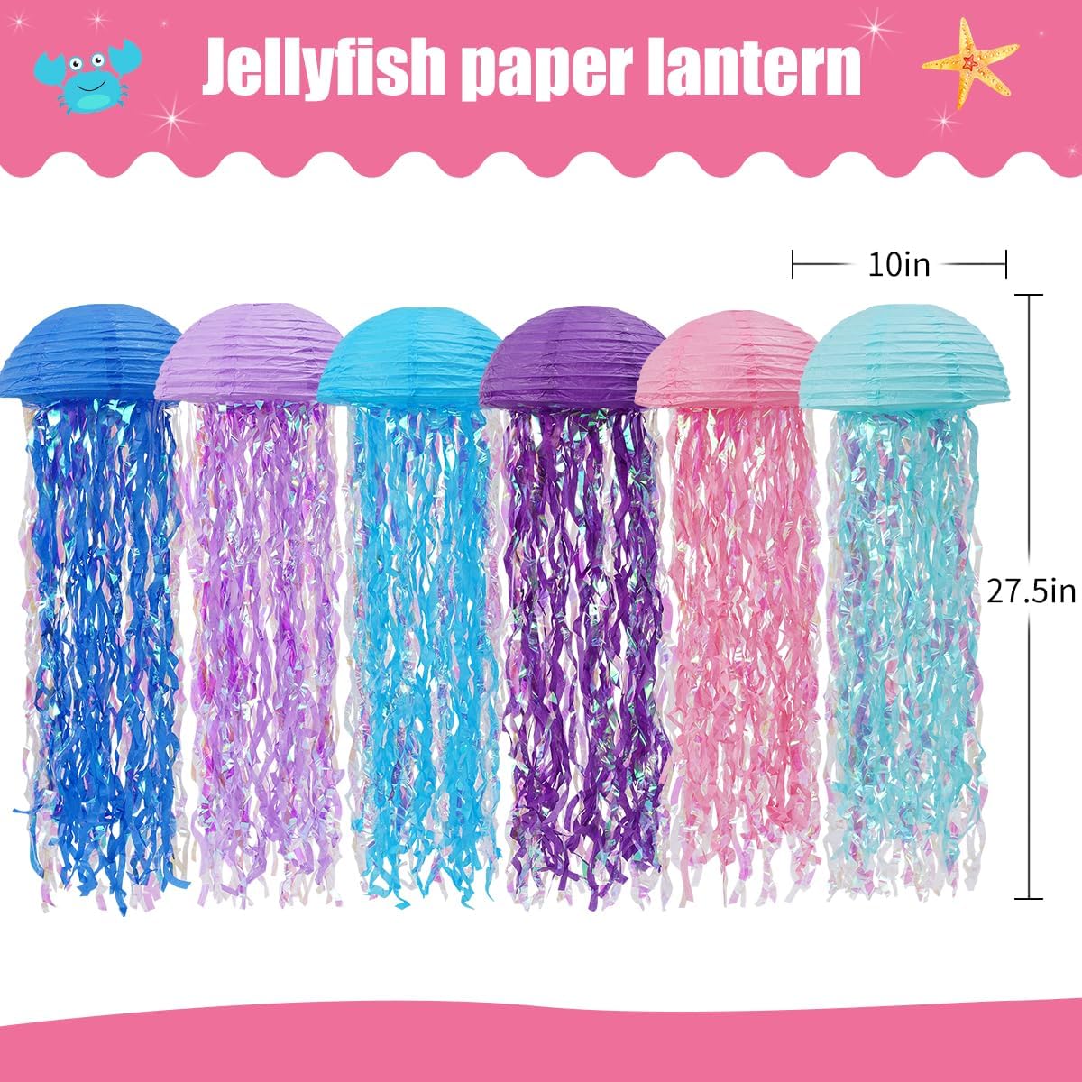 Mermaid Birthday Decorations, Jellyfish Paper Lanterns for Mermaid Party Baby Shower Under The Sea Ocean Birthday Party Decorations Pack of 6 Colorful