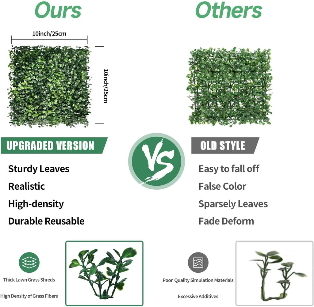 Artificial Grass Wall Panels, 12 PCS 10"x10" Boxwood Hedge Wall Panels with 100 Zip Ties, Boxwood Panels Backdrop for Outdoor Indoor Decorative Garden Fences Backyard Patio Privacy Hedge