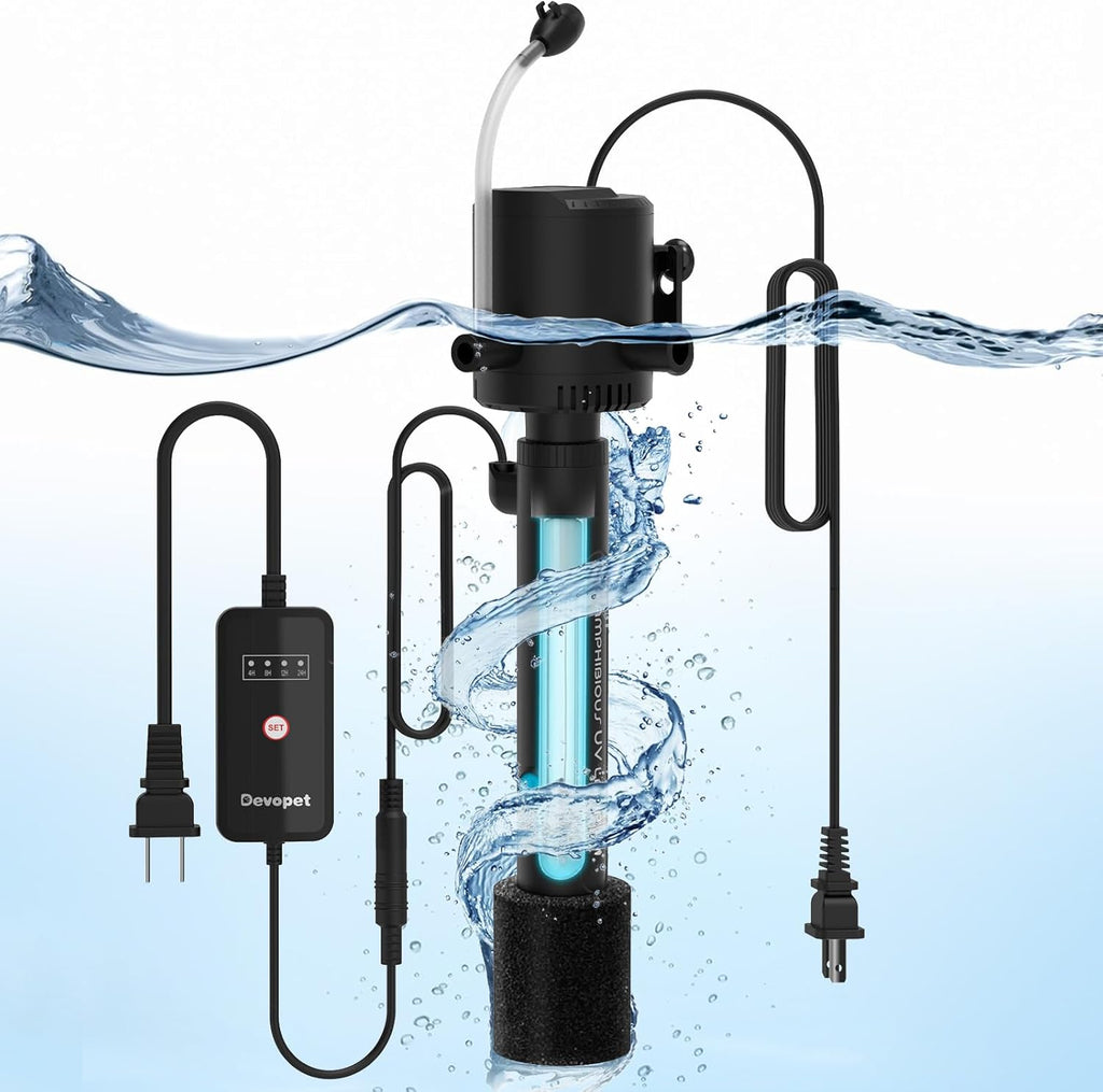 Aquarium U-V Filter for Green Water, Fish Tank Green Clean Machine with Aeration & Dual Water Outlet, Submersible Water Pump & U-V Light with Timer, for 10-40 Gallon Tank(135GPH/8W)