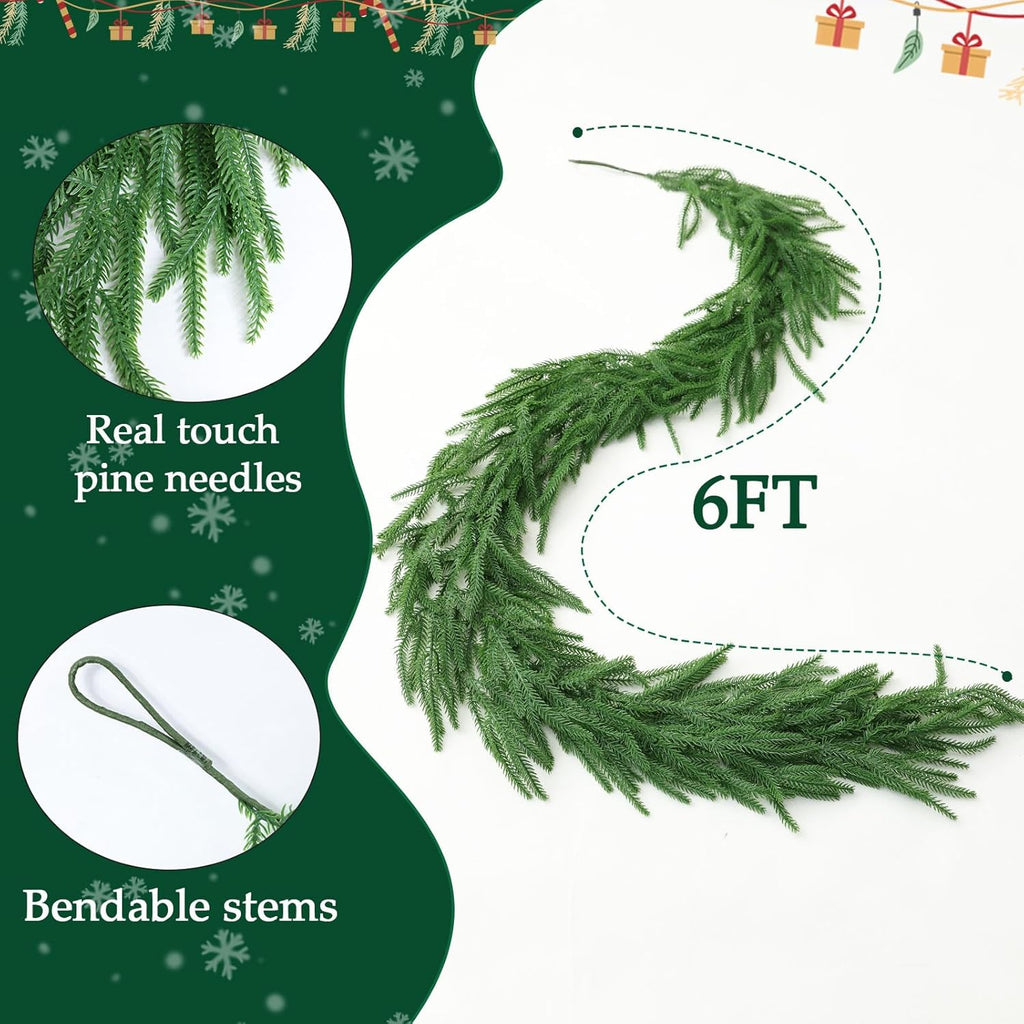 MIZII Christmas Garlands 6FT Artificial Norfolk Pine Garland Real Touch Faux Norfolk Pine Greenery Garland Christmas Decoration for Xmas Fireplace Mantle Home Decor Indoor Outdoor (Norfolk 6FT)