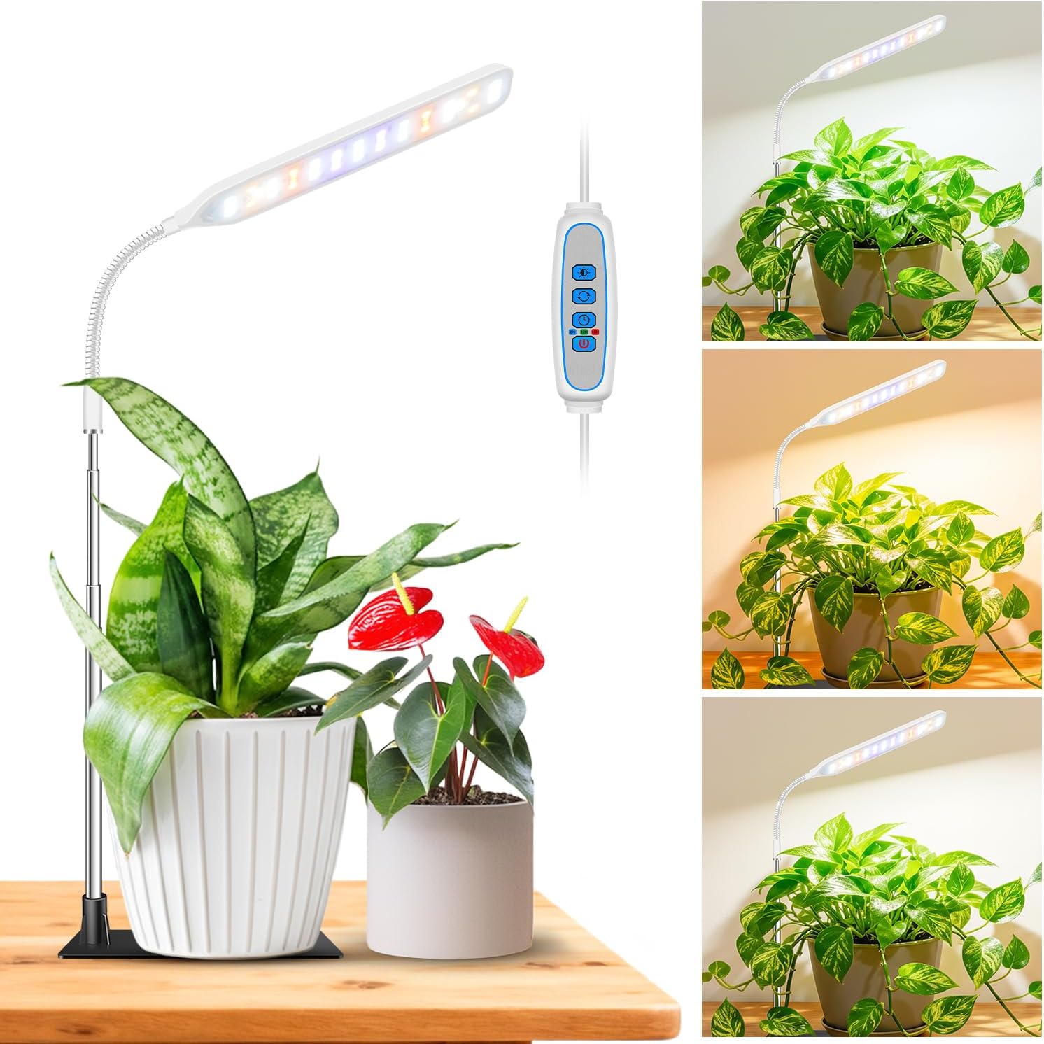 Wolezek Grow Light for Indoor Plants, 52 LEDs Full Spectrum Plant Grow Light with Base, Height Adjustable Grow Lamp with Auto Timer 6/12/16H, 5 Dimmable Brightness, for Small Plants, White, 1-Pack