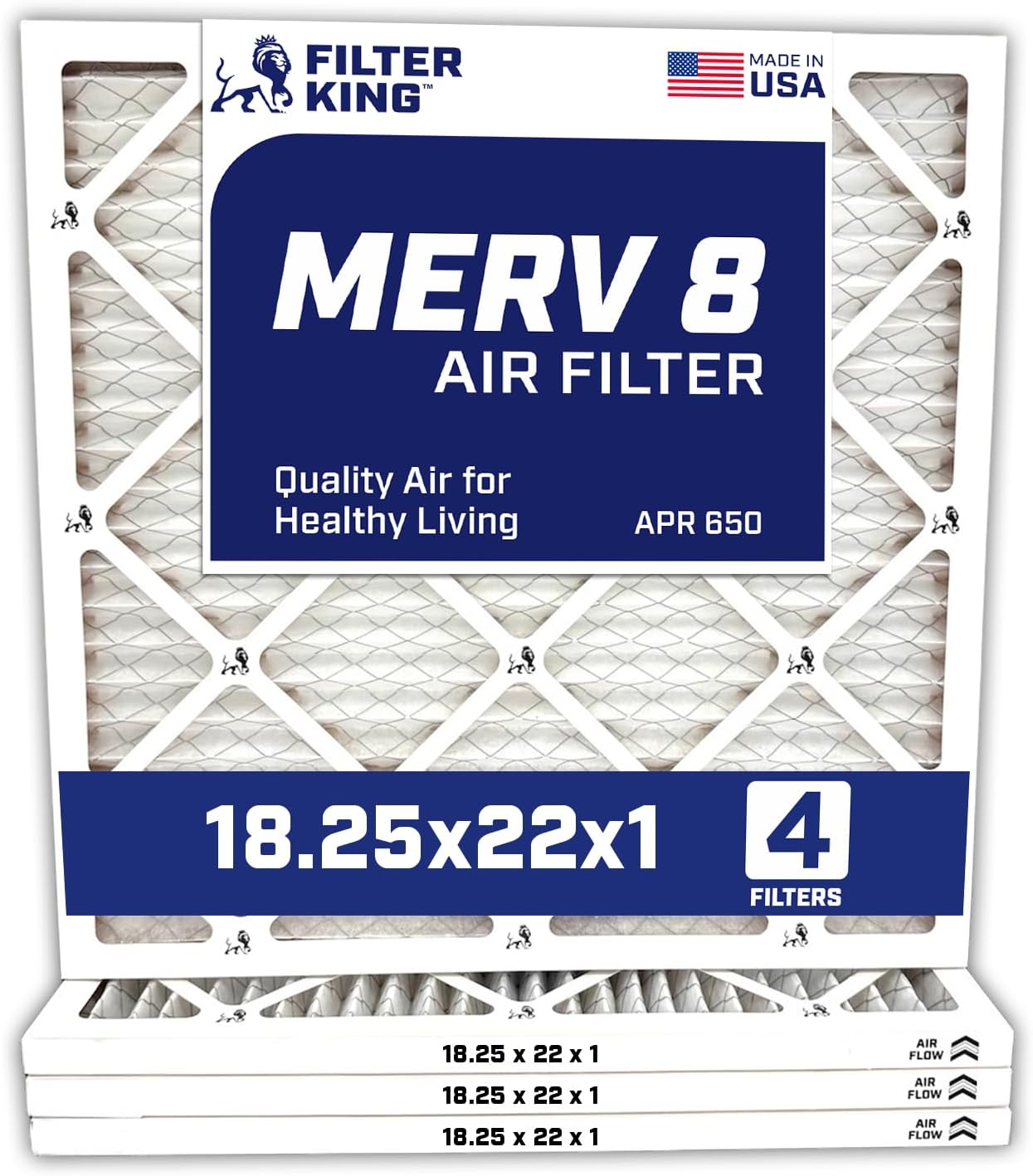 Filter King 18.25x22x1 Air Filter | 4-PACK | Carbon MERV 8 HVAC Pleated A/C Furnace Filters | MADE IN USA | Actual Size: 18.25 x 22 x .75"