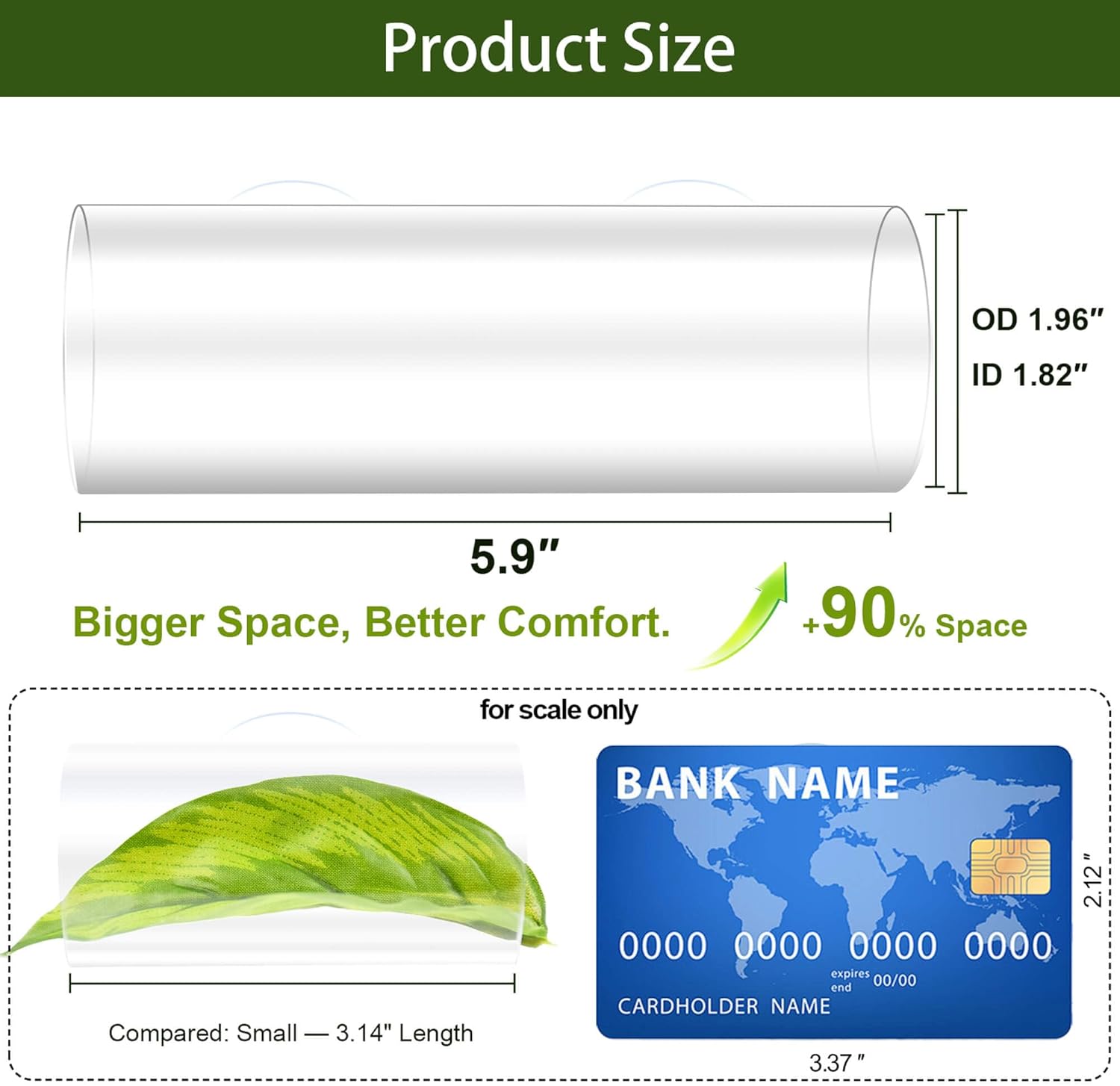 Acrylic Betta Hammock Tunnel, Betta Fish Tank Accessories & Aquarium Tunnel Decor, Fish Tank Hideout with Soft Faux Leaf Hammock, Beta Bed Resting Spot for Bettas (L Size — 5.9" × 1.96" OD)