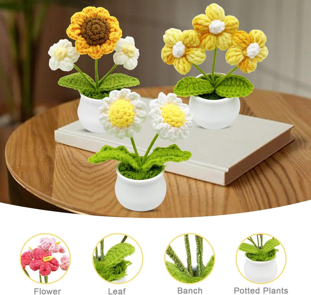 3pcs Crochet Flowers Cute Potted Flower,Mini Flower Bouquet for Mom Wife, Cute Desk Decor for Women,Artificial Handmade Flowers for Car Dashboard,Home Office Decoration (Color#6)