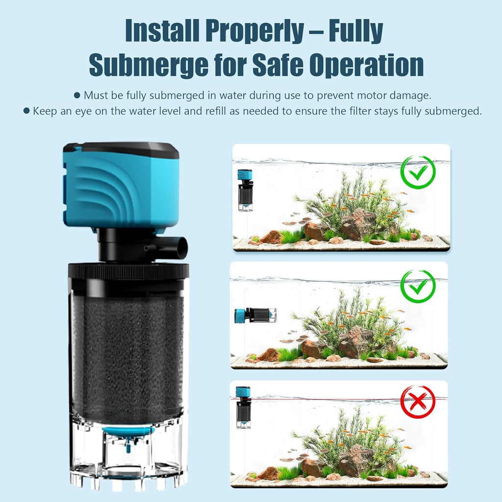 Internal Aquarium Filter, Upgraded 15–50 Gallon Fish Tank Filters, 210GPH Submersible Whisper Pump for Turtle Tanks with Debris Tray, Check Valve, Fresh & Saltwater