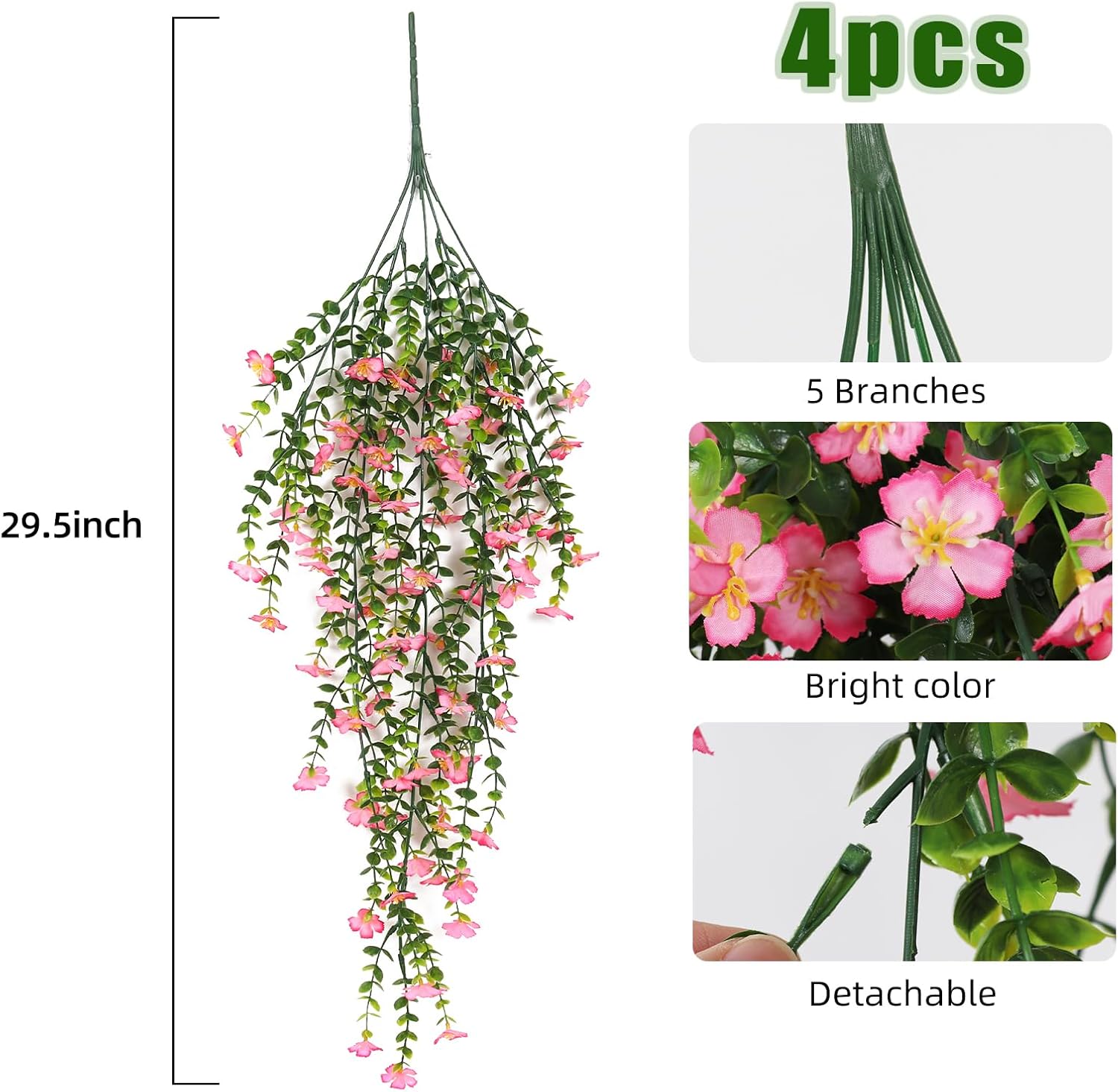 RECUTMS Artificial Hanging Flowers for Outdoors 4Pcs Faux Silk Daisy Plant with Eucalyptus Leaves UV Resistant Fake Flower Look Real for Home Garden Porch Patio Door (Pink)