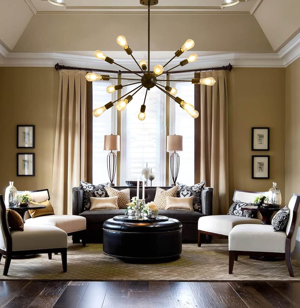 Mid-Century Sputnik Chandeliers 15-Lights, Modern Semi Flush Mount Ceiling Light Fixture Industrial Retro Hanging Lamps for Kitchen Living Room Dining Bedroom Corridor, Black（Bulb Not Included）