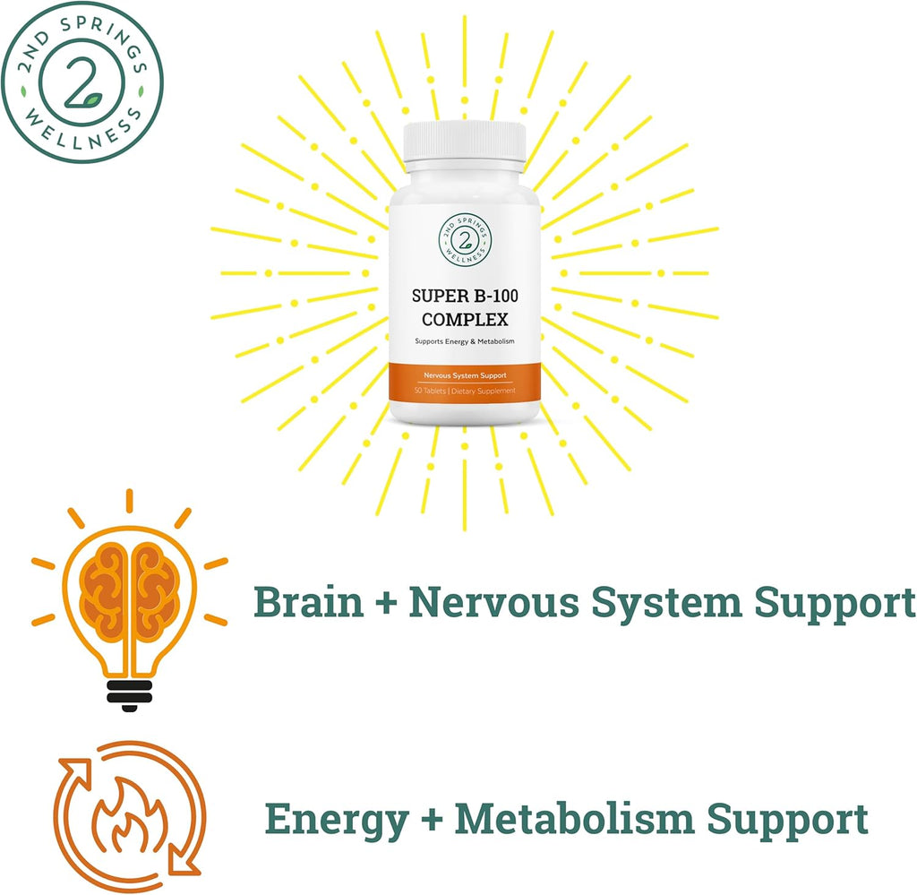 Super B-100 Complex - High Potency B Vitamin Complex with B-6, B-12, Folate, Niacin, Biotin, Choline, Inositol and PABA for Energy, Metabolism, Brain and Nerve Support