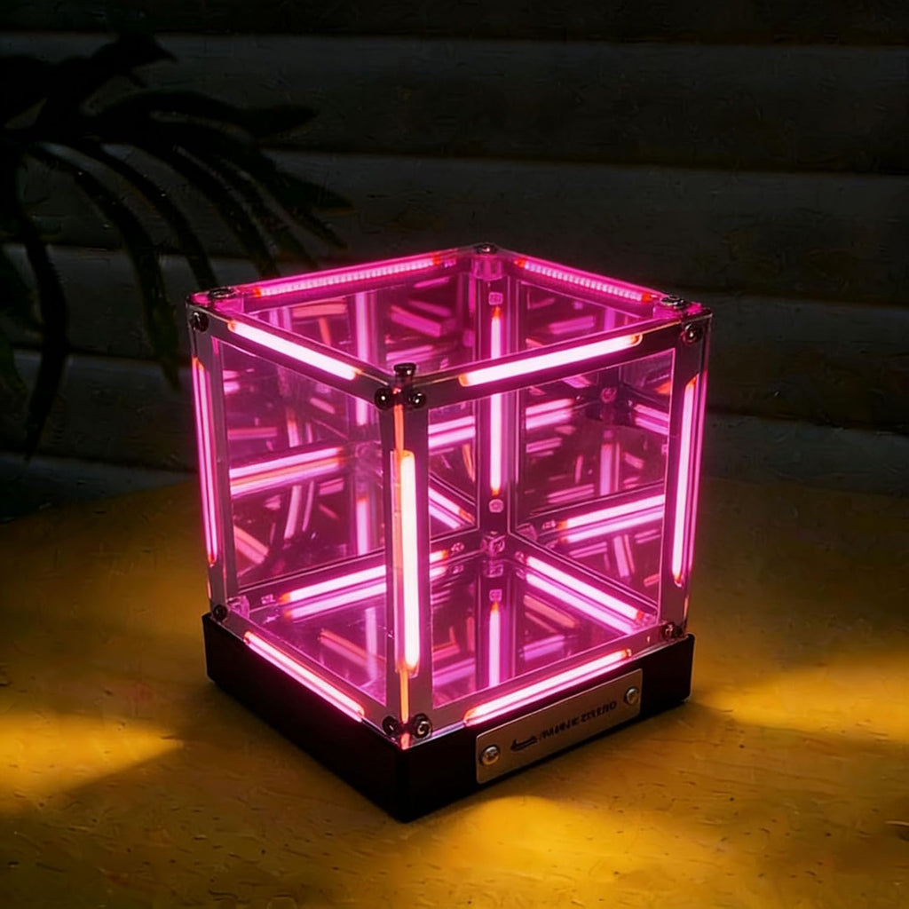 Infinite Space Abyss Lamp, Creative 4D Infinite Space Abyss Night Light with Touch Dimming, Rechargeable LED Hyper Cube Night Light for Gaming Setup Futuristic Room Décor (Pink Three light levels)