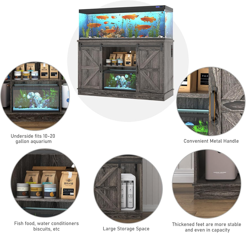Farmhouse 55-75 Gallon Fish Tank Stand with Power Outlet, Aquarium Stand w/Cabinet&Sliding Barn Door, Heavy Duty Reptile Tank Stand for Fish/Turtle/Reptile Terrarium, 880LBS Capacity, Grey