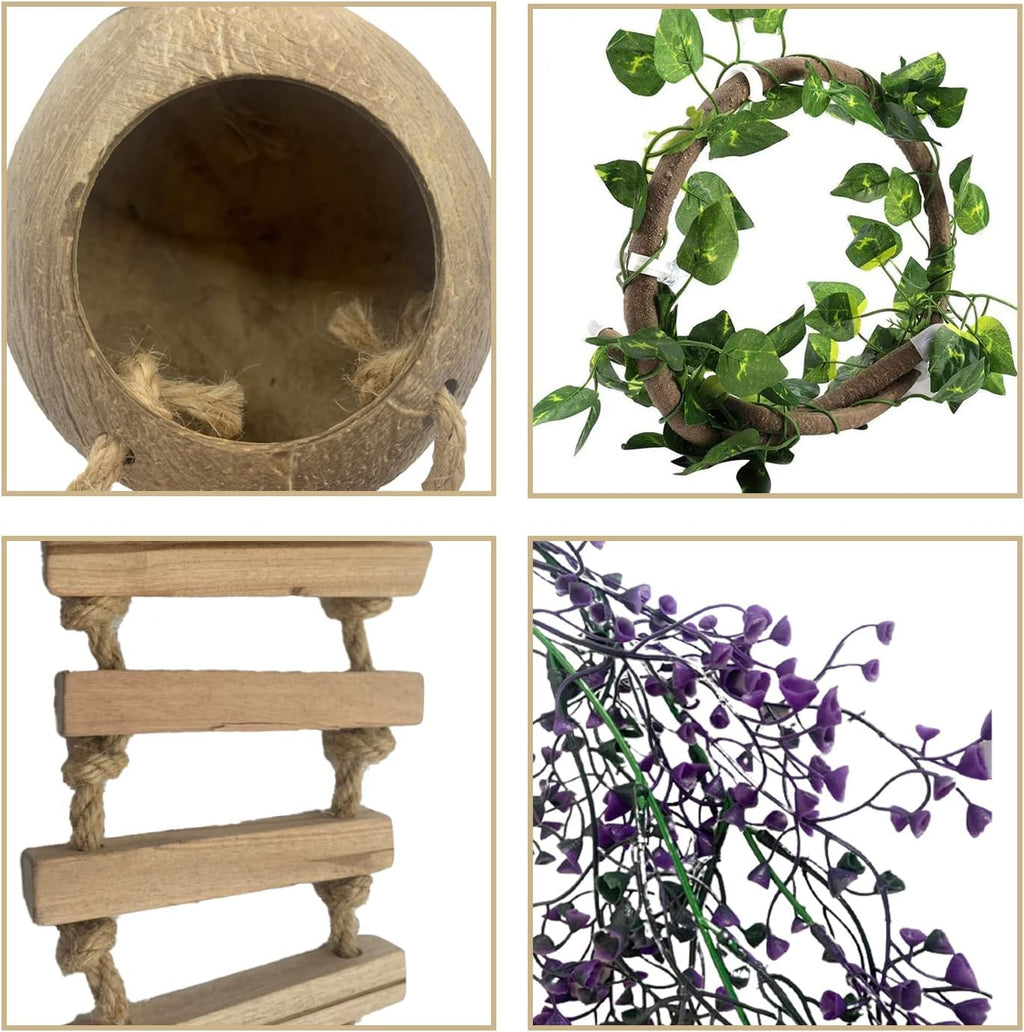 Crested Gecko Coconut Hut with Ladder,Bearded Dragon Coco Den Reptile Shell Hideout Husk Hut Climbing Plants Leaves Tank Accessories for Lizard Chameleon Snakes
