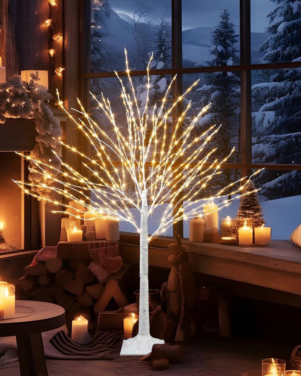 4 FT Lighted Birch Tree, White Birch Tree with 432 LED Lights Artificial Light Up Birch Twig Christmas Tree with Timer for Home Porch Yard Mantel Outdoor Indoor Party Decor