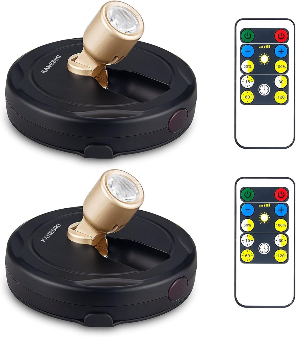 Spotlight Battery Operated, Wireless LED Puck Light, Dimmable Accent Spot Light for Plant Tree Indoor, Stick Uplighting for Display Photo Dartboard Painting Artwork Gallery Portrait, 2 Pack