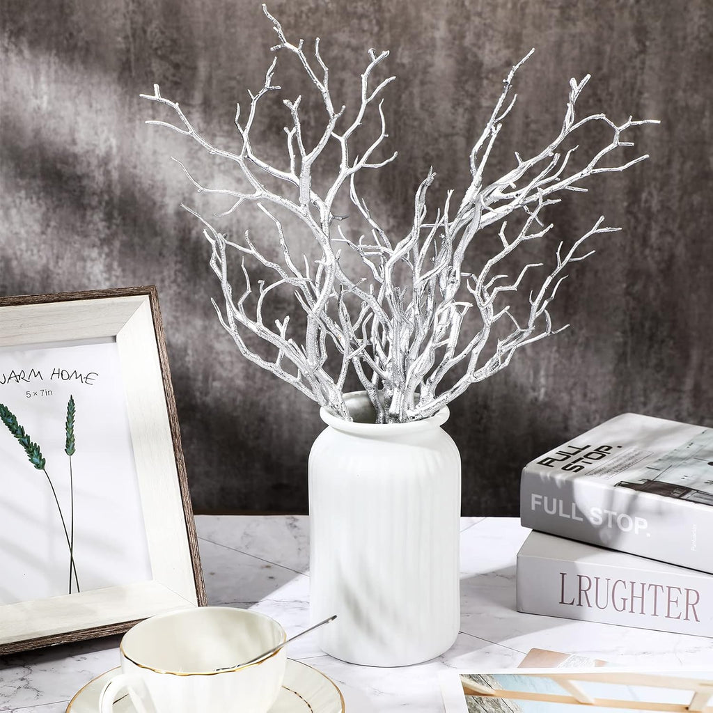 Geosar 13.8 Inch Small Manzanita Branches Plastic Faux Branches Artificial Antler Shaped Tree Branch Decorative Plant Twigs for Home Wedding Table Centerpiece Festival Decors(Silver,10 Pieces)