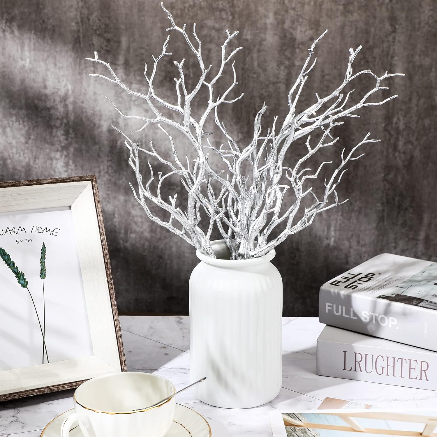 Geosar 13.8 Inch Small Manzanita Branches Plastic Faux Branches Artificial Antler Shaped Tree Branch Decorative Plant Twigs for Home Wedding Table Centerpiece Festival Decors(Silver,10 Pieces)