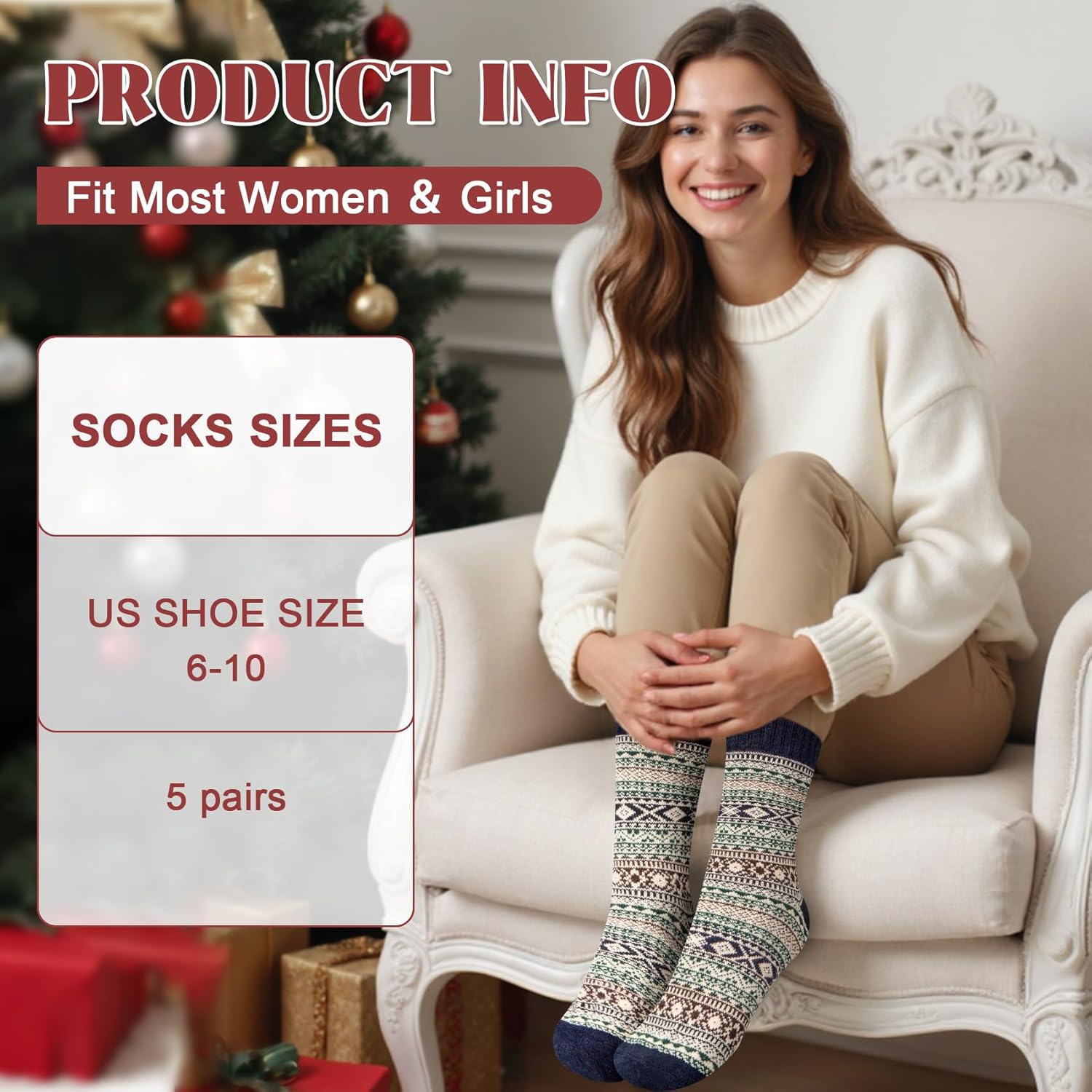 Justay 5 Pairs Wool Socks for Women - Winter Thick Boot Cozy Crew Vintage Soft Calf Knit Warm Socks Gifts