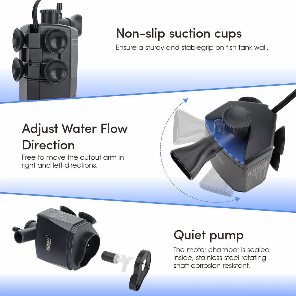 hygger Submersible Aquarium Power Filter 120 GPH for 10-20 Gallon Fish Tank Corner Internal Filter with Bio Ball Sponge 3-Stage Filtration System