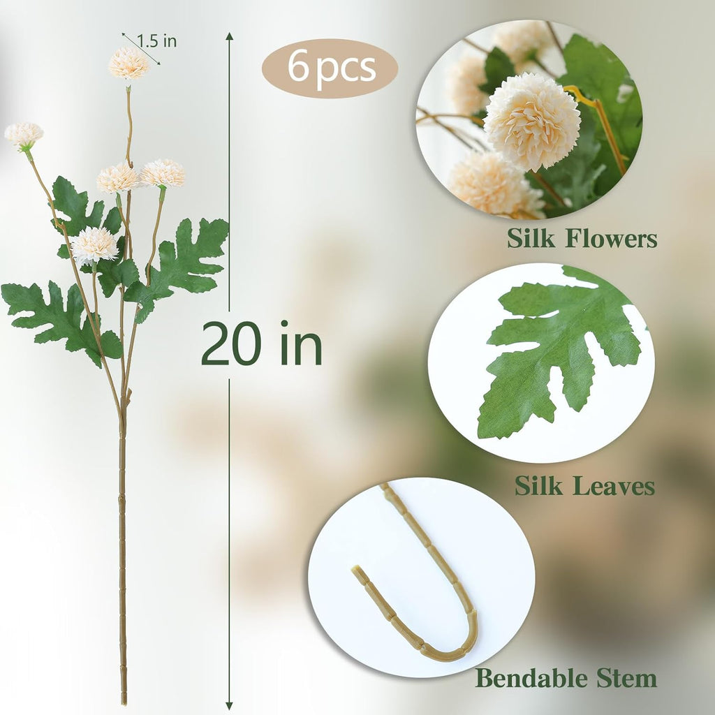 mizii 6Pcs Beige Fake Silk Pompon Mum Artificial Flowers Bulk Small Faux Chrysanthemums with Stems Floral Decorations for Wedding DIY Bouquet Centerpieces Shower Vase Home Decor (Bright Beige)