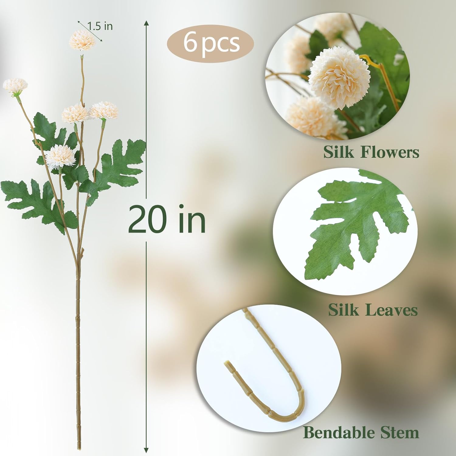 mizii 6Pcs Beige Fake Silk Pompon Mum Artificial Flowers Bulk Small Faux Chrysanthemums with Stems Floral Decorations for Wedding DIY Bouquet Centerpieces Shower Vase Home Decor (Bright Beige)