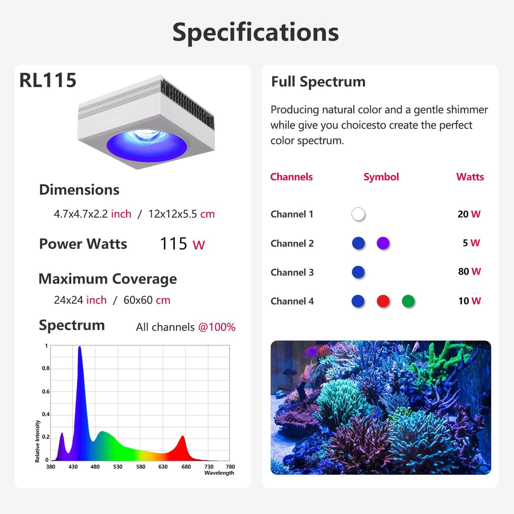 PopBloom WiFi Reef LED Aquarium Light, Reef Aquarium Lighting for Marine SPS LPS Corals Saltwater Fish Tanks, APP Fully Programmable (RL115 with Arm Kit)