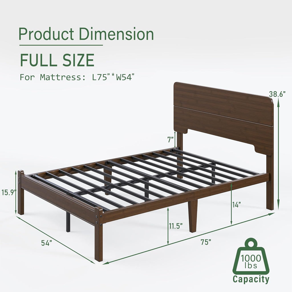 14in High Solid Bamboo Wood Platform Full Size Bed Frame with Headboard, Reinforced Heavy Duty Metal Slats, Noise Free, No Box Spring Needed, Easy Assembly, Walnut