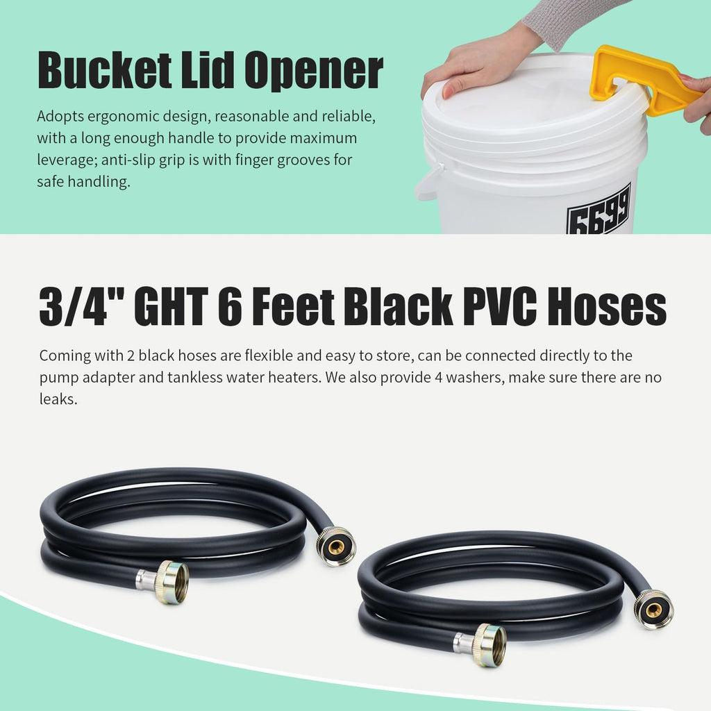 Tankless Water Heater Descaling Flush Kit Includes Submersible Utility Pump with Adapters 3 Gallons Pail with Bucket Lid Opener and Two 3/4" GHT X 6FT PVC Black Hoses Easy Installation to Clean