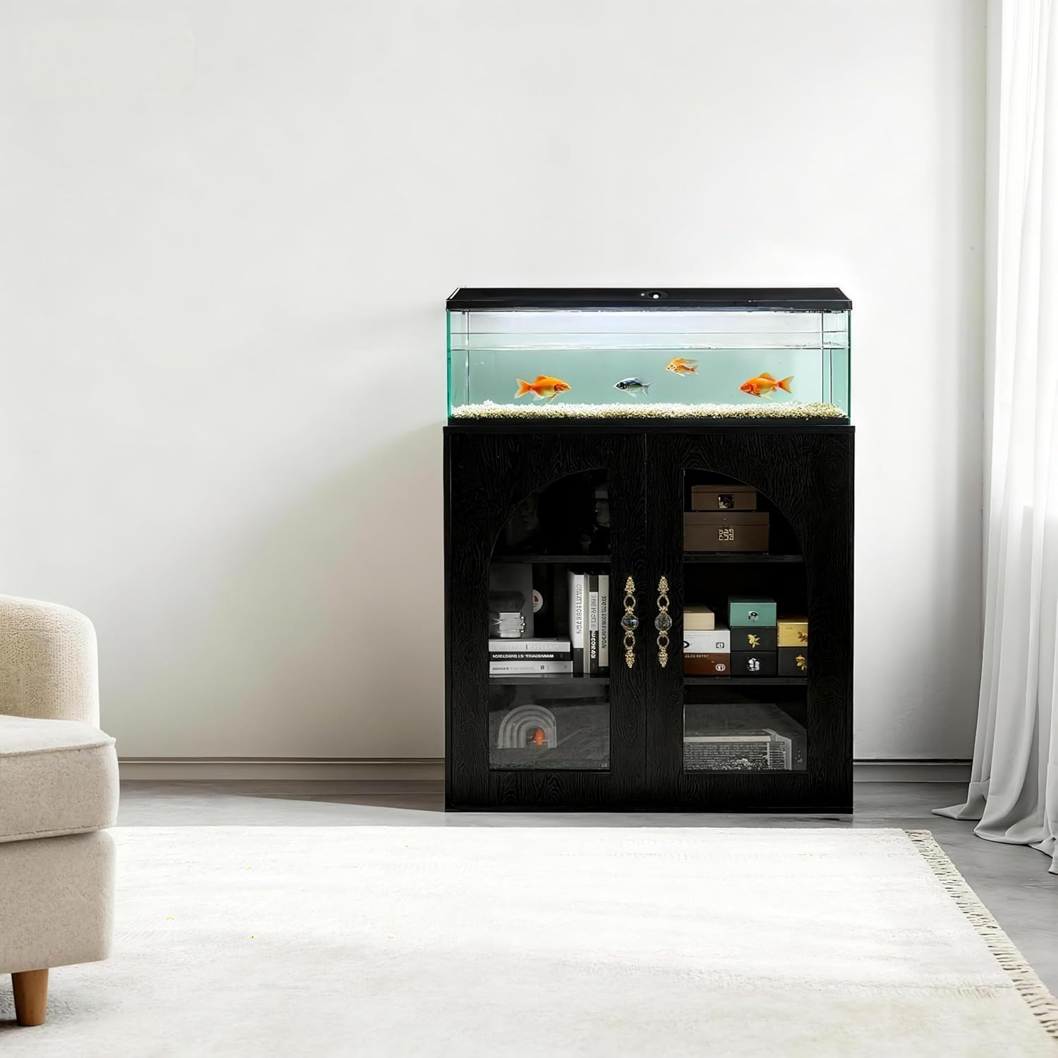 20-29 Gallon Fish Tank Stand with Adjustable Shelves, Glass Door Aquarium Stand with Storage Cabinet, 31x15 Reptile Terrarium Stand with Bronzed Metal Handles, Level Footings, 350 Lbs
