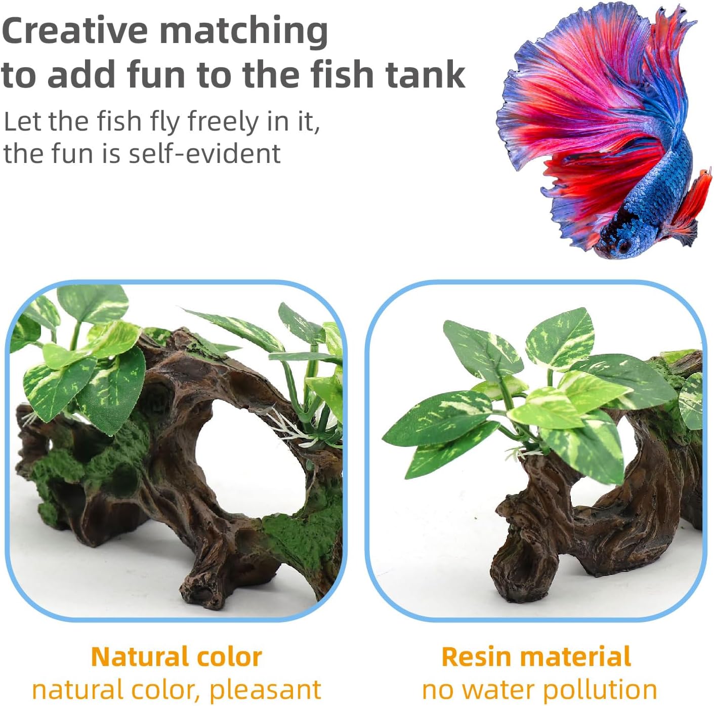 Fish Tank Decorations Artifical Driftwood Cave Aquarium Decor Ornaments Silk Aquarium Plants for Betta Fish Tank Accessories