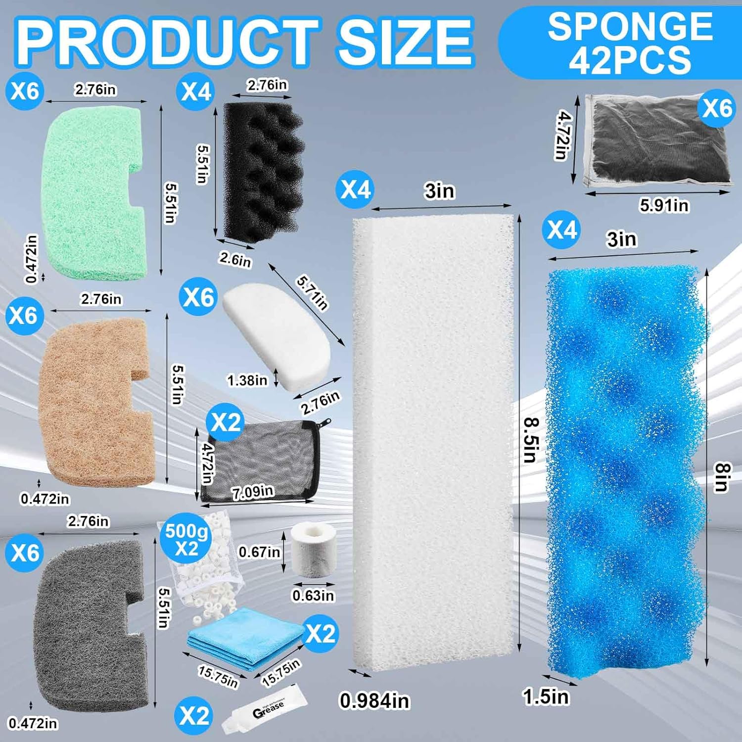 50 Pcs Compatible with Fluval 206/207 Filter Media Canister Filter Maintenance & Replacement Kit, Bio-Based Foam, Activated Carbon, Ceramic Rings, Microfiber Rags, Mesh Bags, Silicone Lube