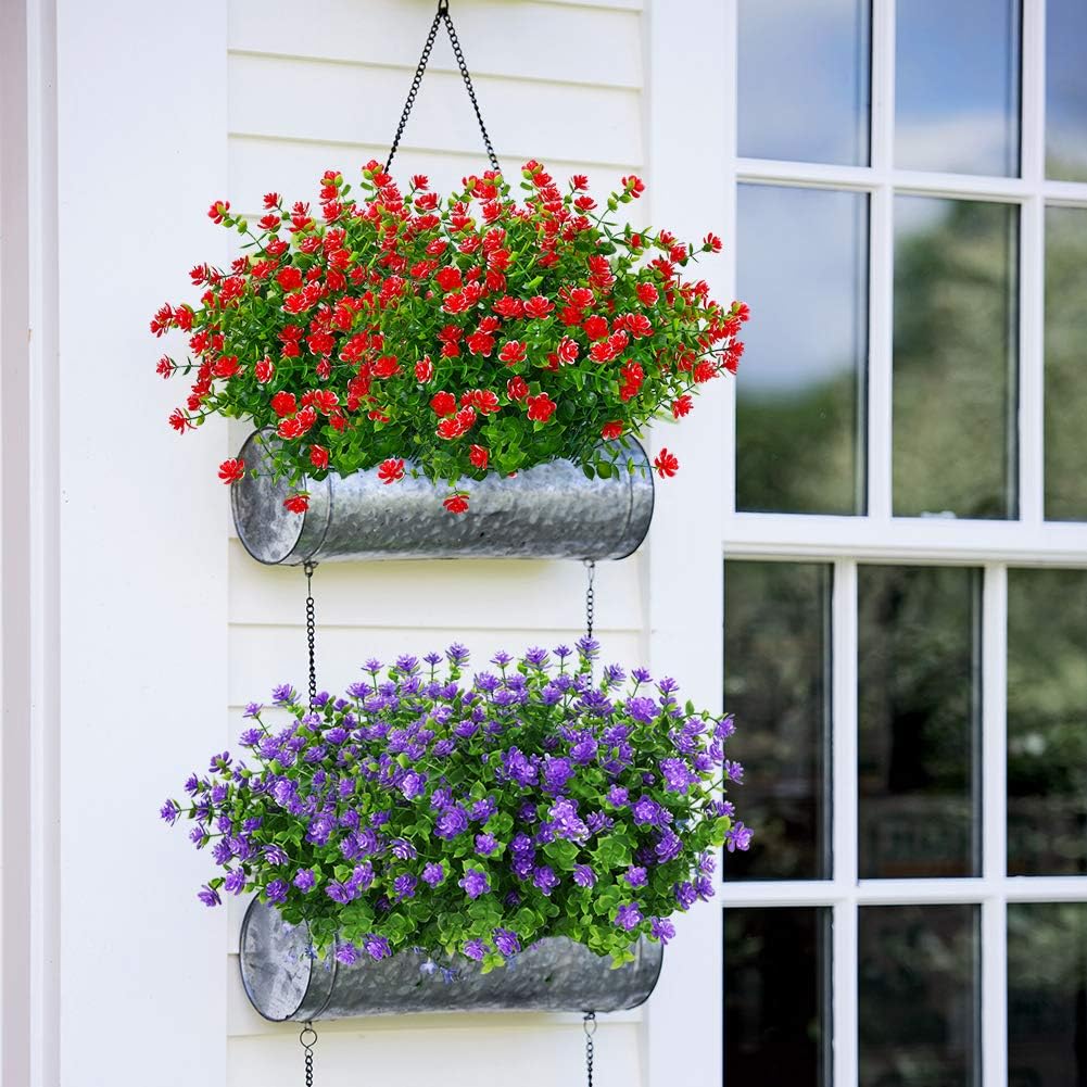 24 Bundles Outdoor Artificial Flowers UV Resistant Fake Boxwood Plants, Faux Greenery for Indoor Outside Hanging Plants Garden Porch Window Box Home Wedding Farmhouse Décor (Red)
