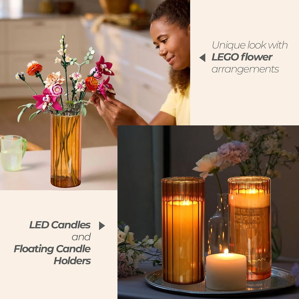 ComSaf Glass Cylinder Vases, Bud Vase for Centerpieces, 8 Inch Tall Ribbed Vase Hurricane Floating Candle Holder, Decorative Flower Vases for Wedding Reception, Home Decor, Housewarming Gift (Amber)