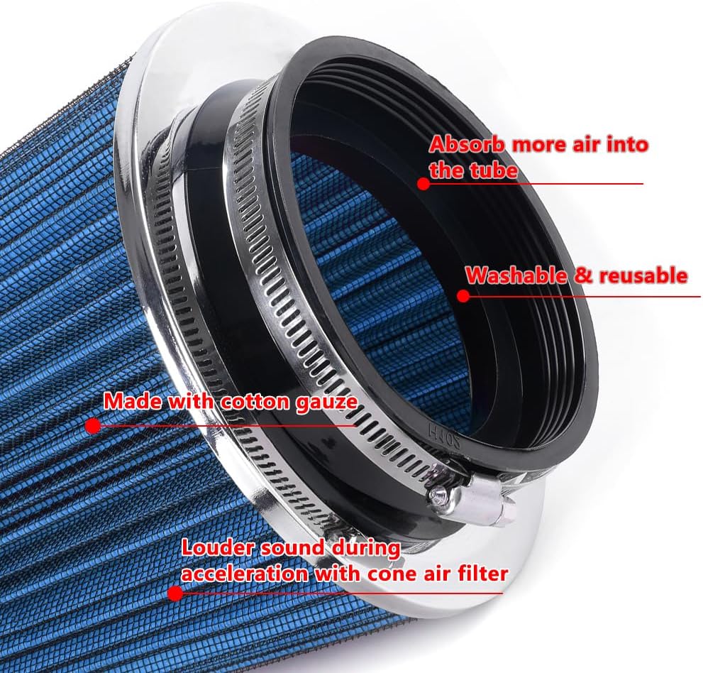 4-Inch Cold Air Intake Filter - Washable, High Performance, 3" or 3-1/2" or 4" Clamp-On Replacement Air Filter Blue (8" Tall)