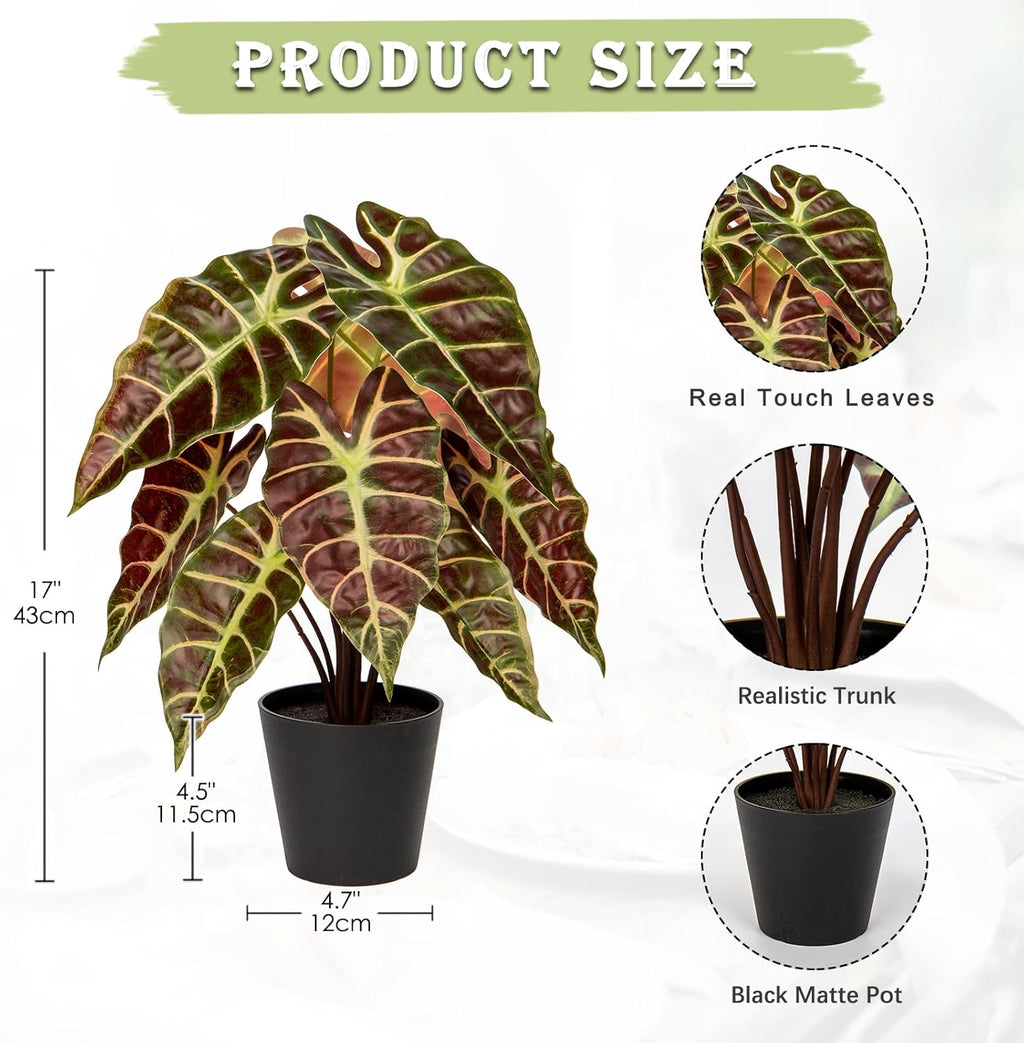 Briful Fake Plant Real Touch Artificial Alocasia Bambino Plant in Black Nursery Pot Faux Alocasia Polly Houseplant for Shelf Tabletop Centerpieces Farmhouse Home Décor, Purple Green