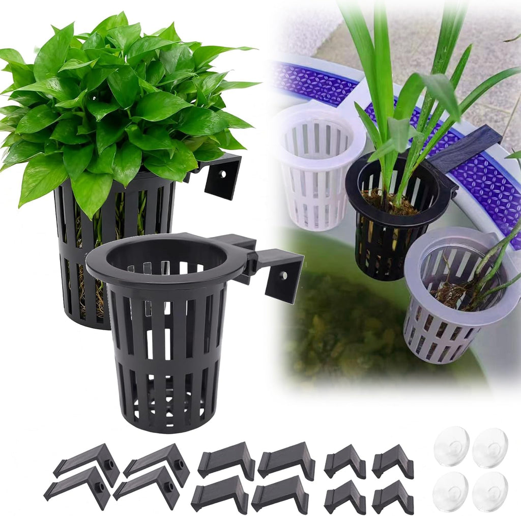 Upgraded Large Aquarium Plant Holder with Extension Hooks and Suction Cups, Aquatic Plants Cup for Tank for Fish Tank Aquaponic Plant Cultivation and Aquascape Accessories (Black-2PC)